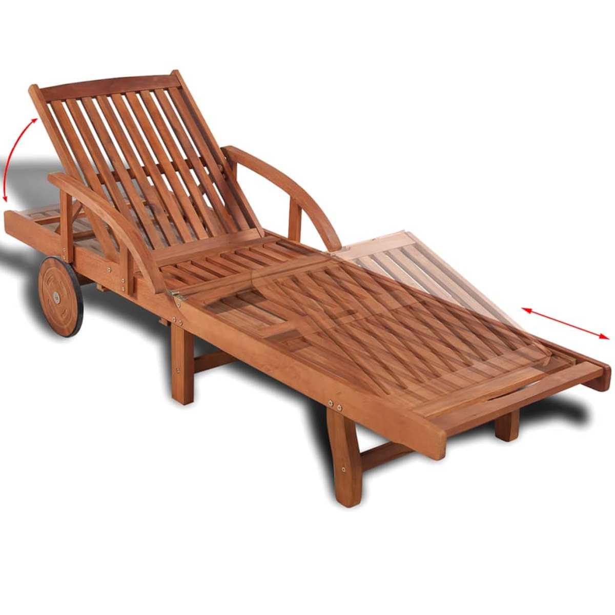 Chaiselongue aus Holz mit verstellbarer Rückenlehne und Rädern.