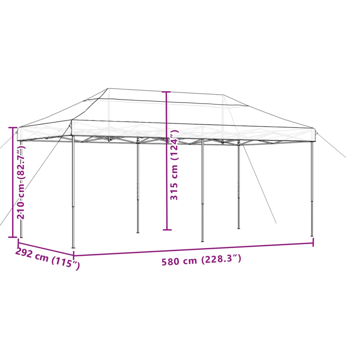 Un gazebo pop-up bianco con dimensioni etichettate su sfondo bianco.