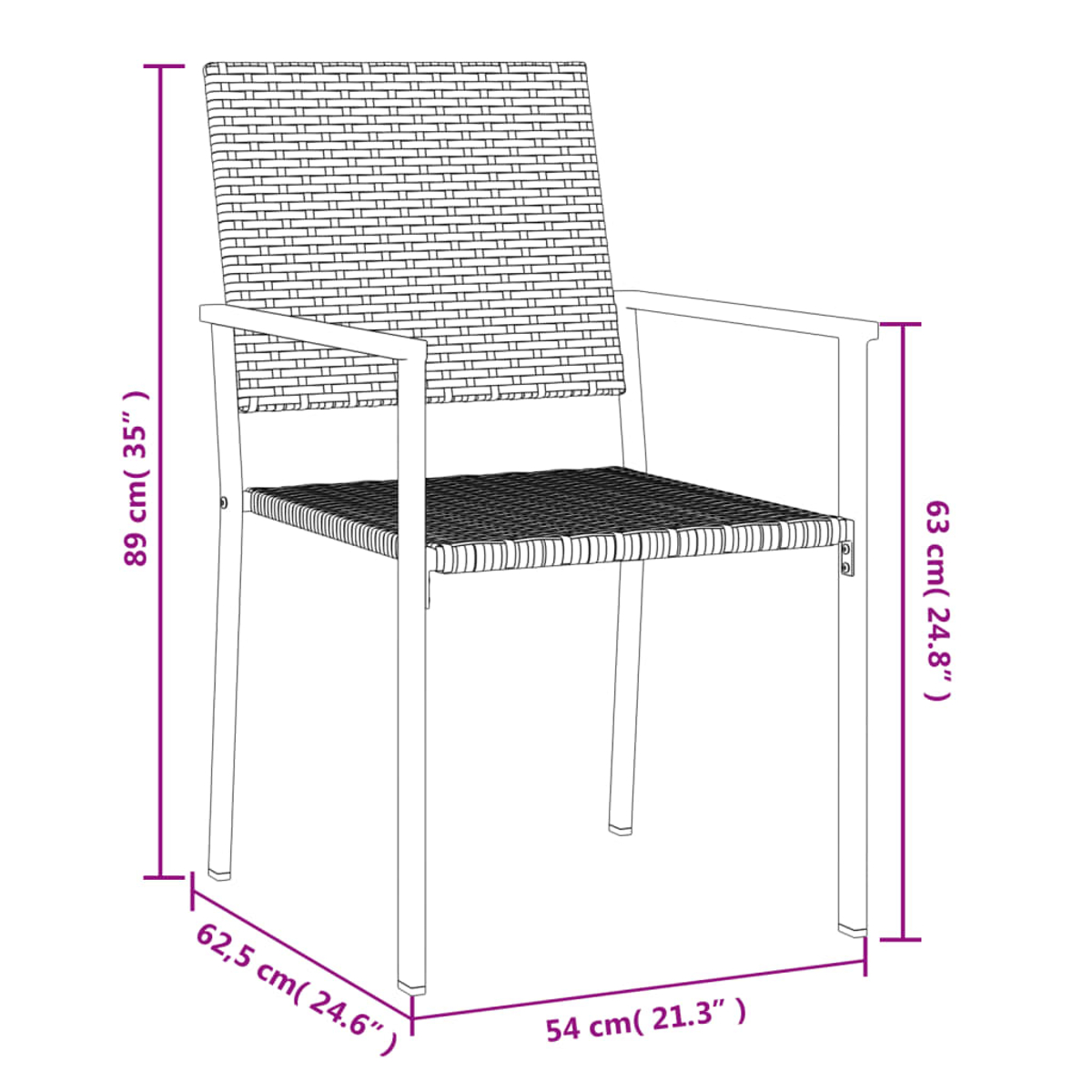 Korbstuhl mit Maßen. Er hat einen gewebten Sitz und Rücken, und Metallrahmen.