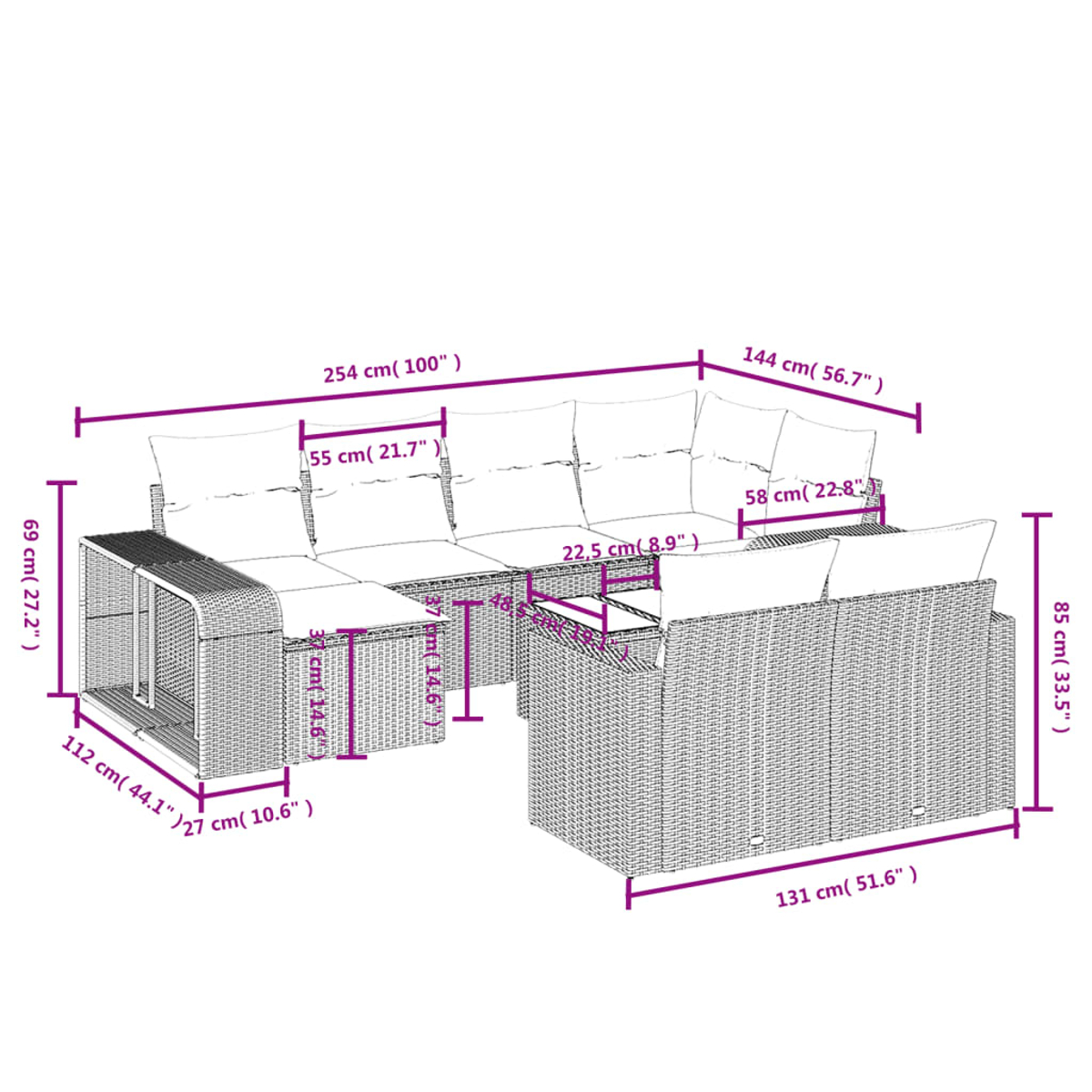 Diagramma che mostra le dimensioni di un divano a L in rattan, con misure in cm e pollici.