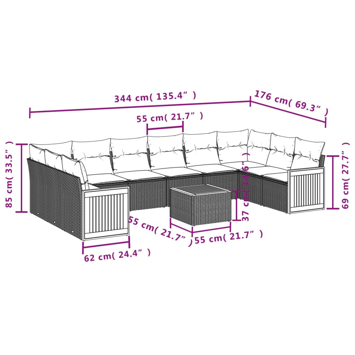 Diagramm eines großen Ecksofas mit Abmessungen in cm und Zoll.