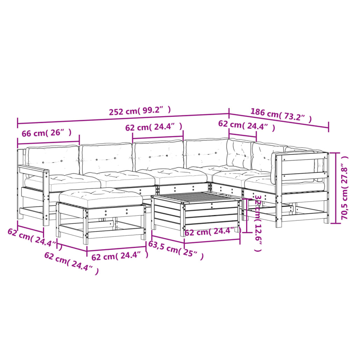 Diagramm mit Abmessungen eines L-förmigen Holzsofas, eines quadratischen Tisches und eines Hockers.