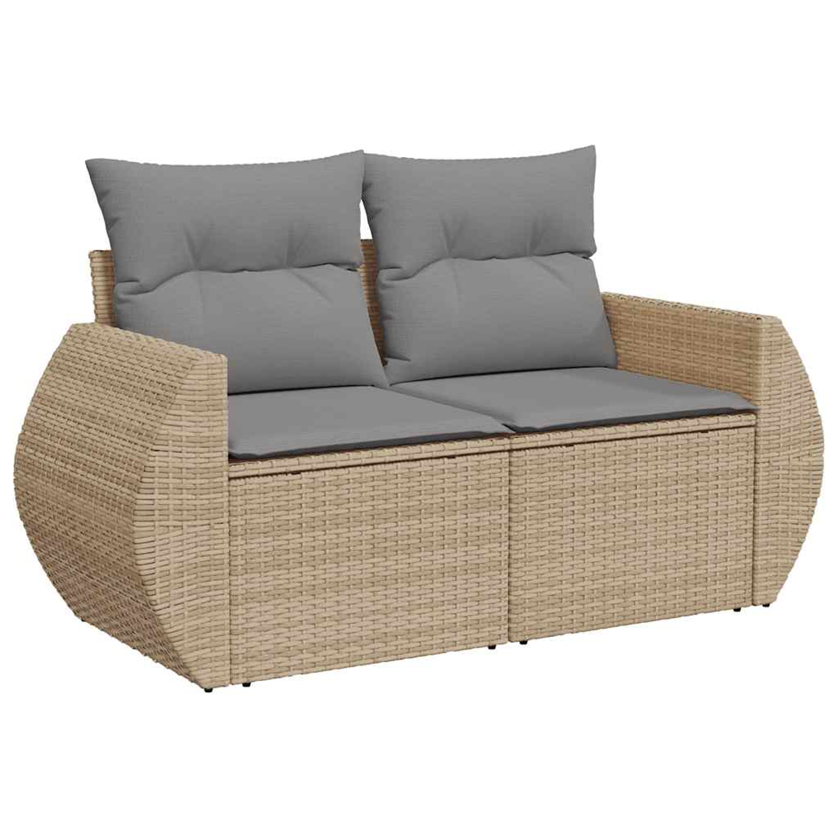 Ein Zweisitzer-Sofa mit grauen Kissen, aus gewebtem Material.