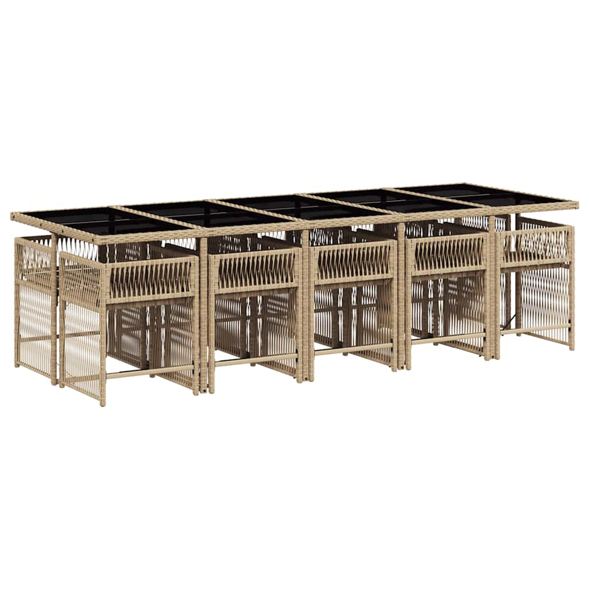 Set cucina esterna beige con piano nero, include più armadi e un baldacchino.