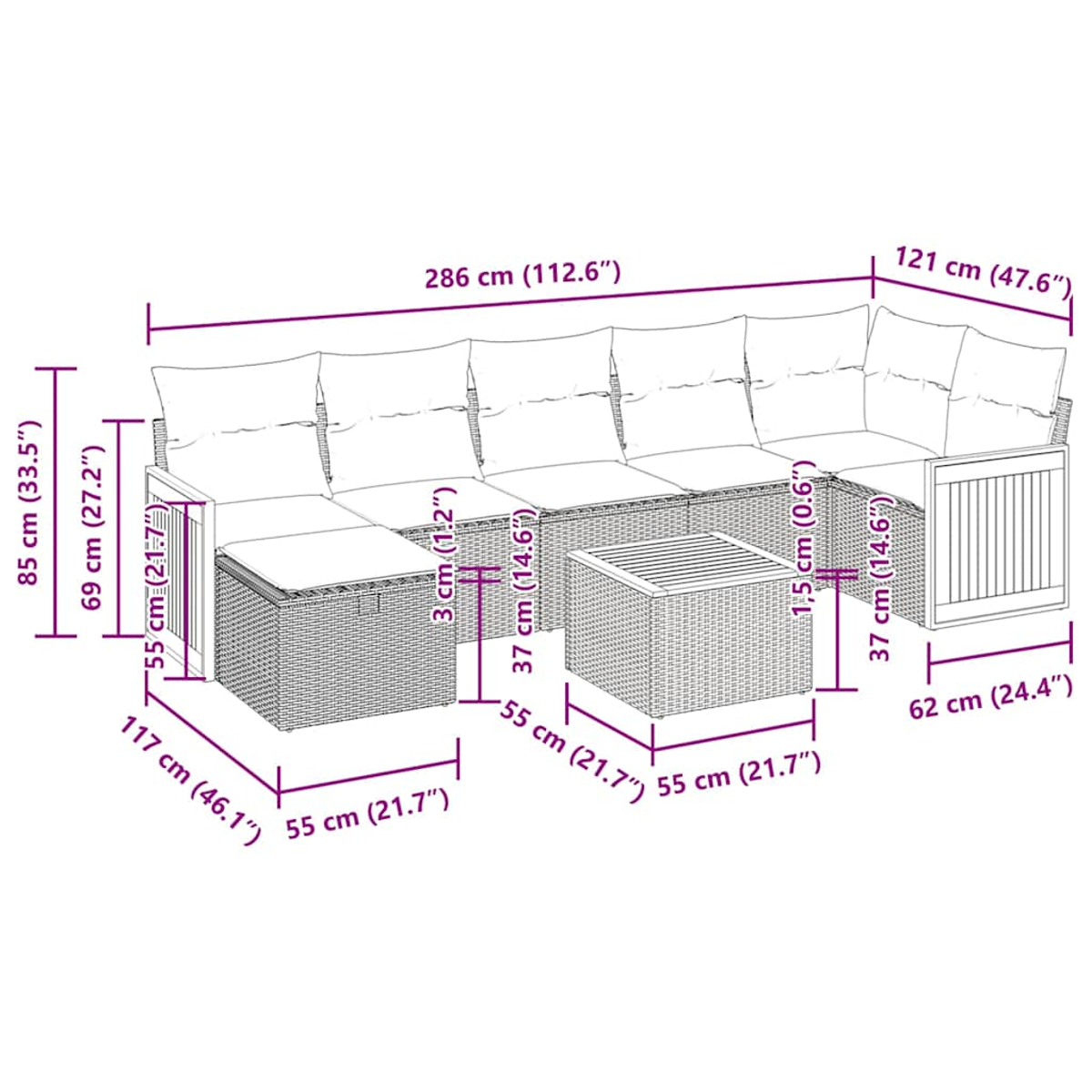 Großes Outdoor-Ecksofa mit Abmessungen, einschließlich eines Tisches.