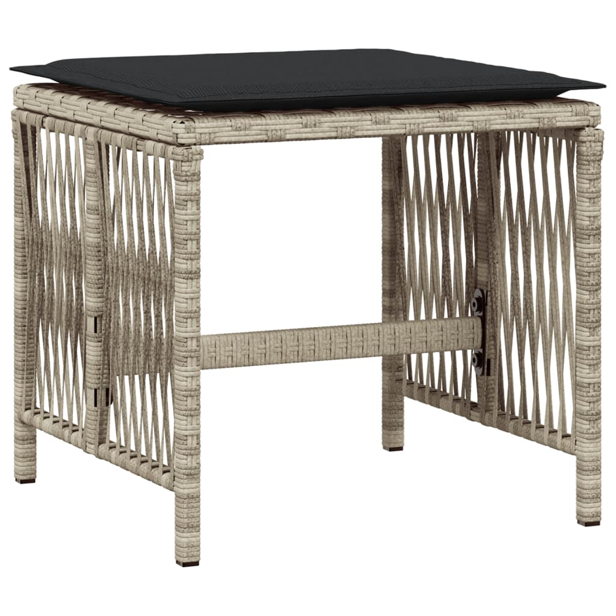 Ein quadratischer Hocker für den Außenbereich mit einem schwarzen Kissen, aus gewebtem Material.