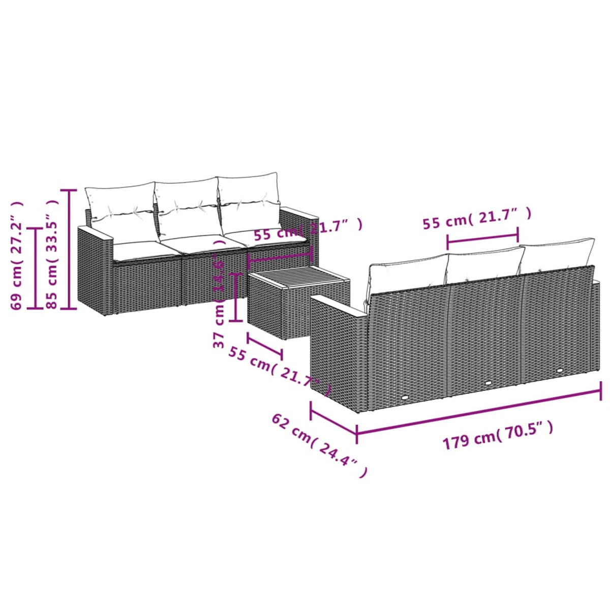 Geflochtenes Sofaset mit Maßangaben. Enthält Kissen und einen kleinen Tisch.