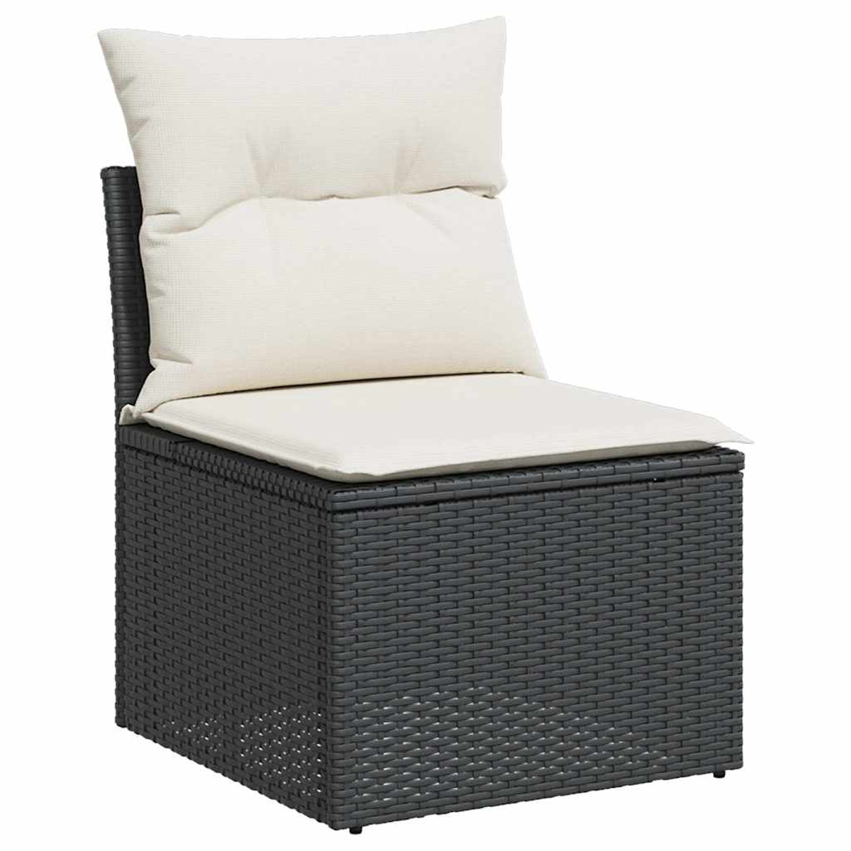 Sedia grigio scuro intrecciata con cuscini bianchi. Sfondo bianco.