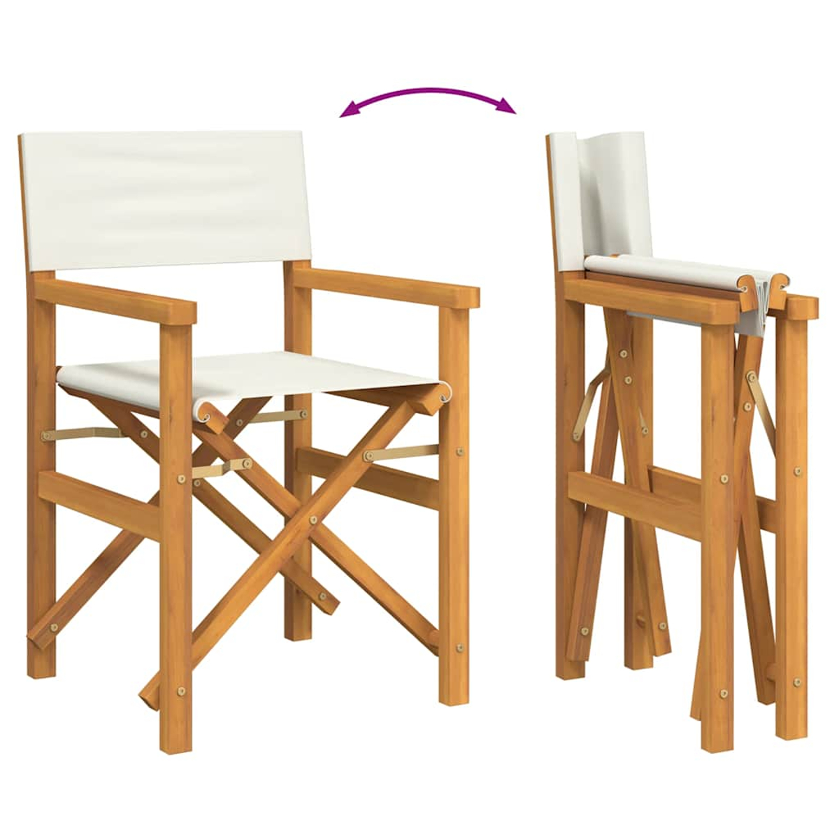 Regiestuhl aus Holz, gefaltet und entfaltet dargestellt, mit weißem Segeltuch Sitz und Rücken.
