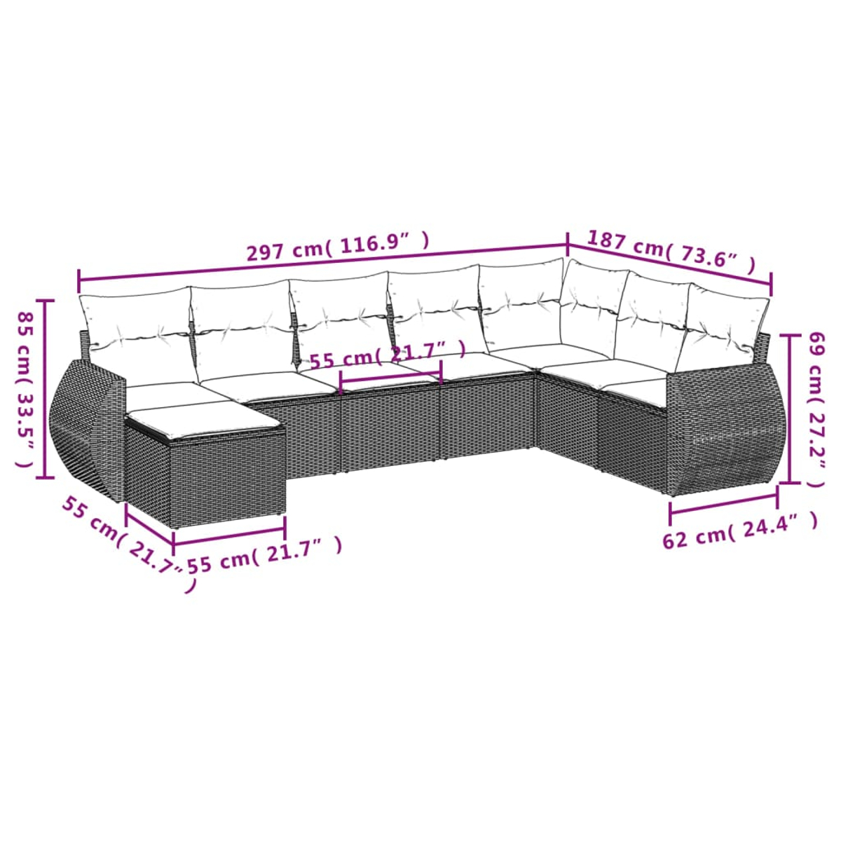 L-förmiges Outdoor-Sofa mit Maßen. Korbrahmen mit weißen Kissen.