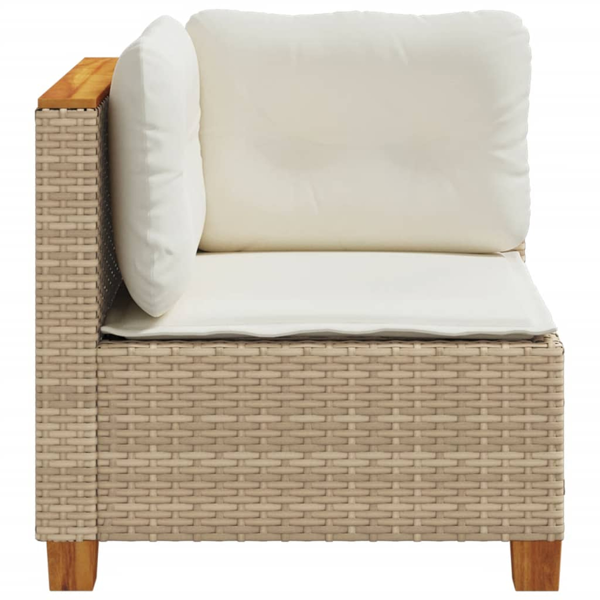 Mobili da esterno in vimini beige, angolo divano singolo con cuscino bianco.