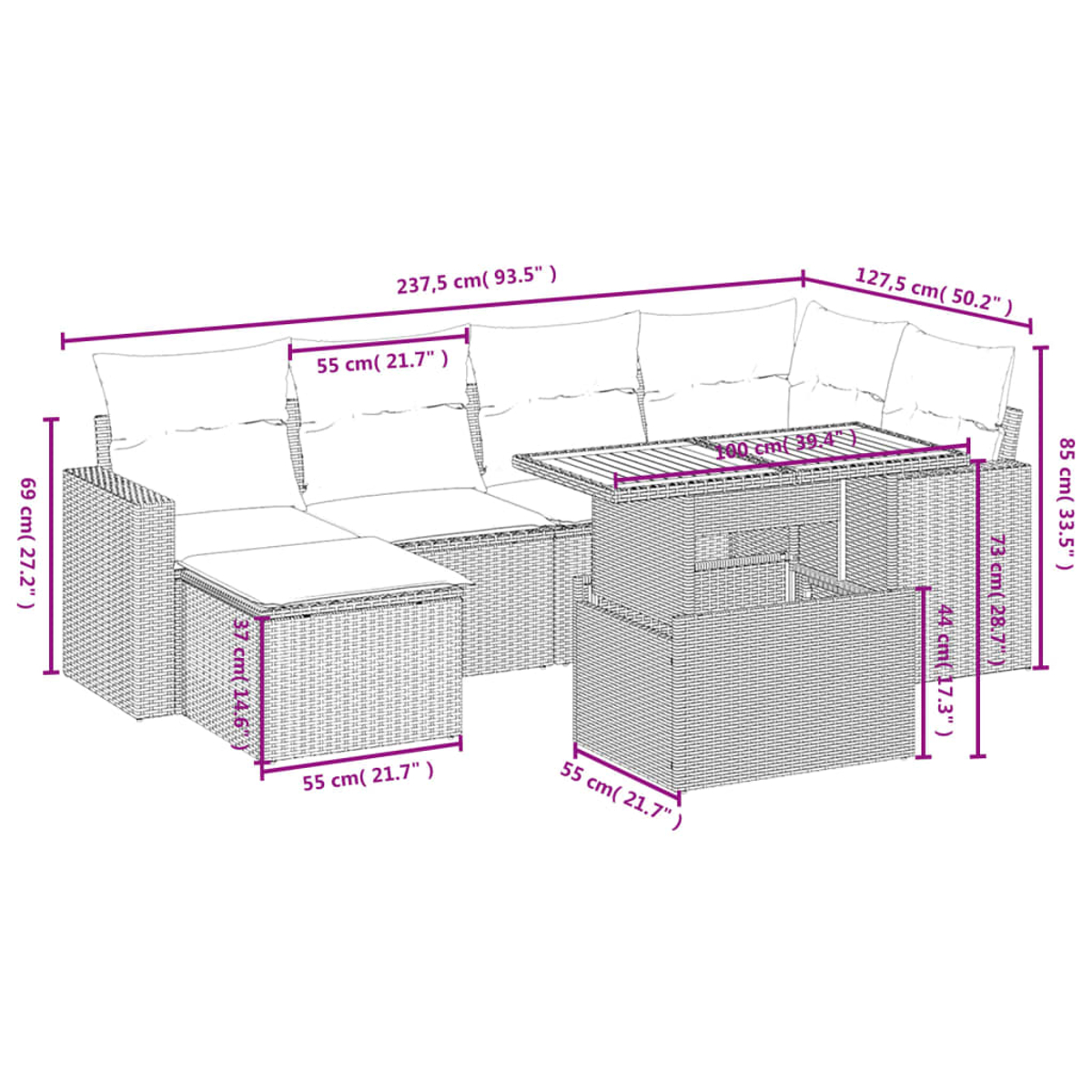 Diagramm eines großen, grauen Korbmöbelsets mit Abmessungen in Zentimetern und Zoll.