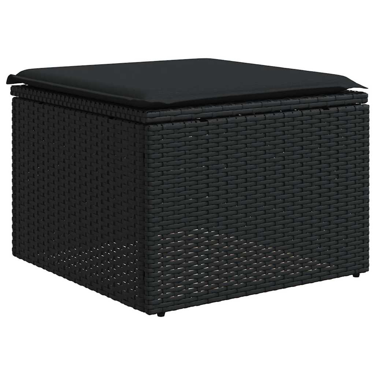 Schwarze Aufbewahrungsbox aus Korbgeflecht mit schwarzem Kissen oben, quadratisch.