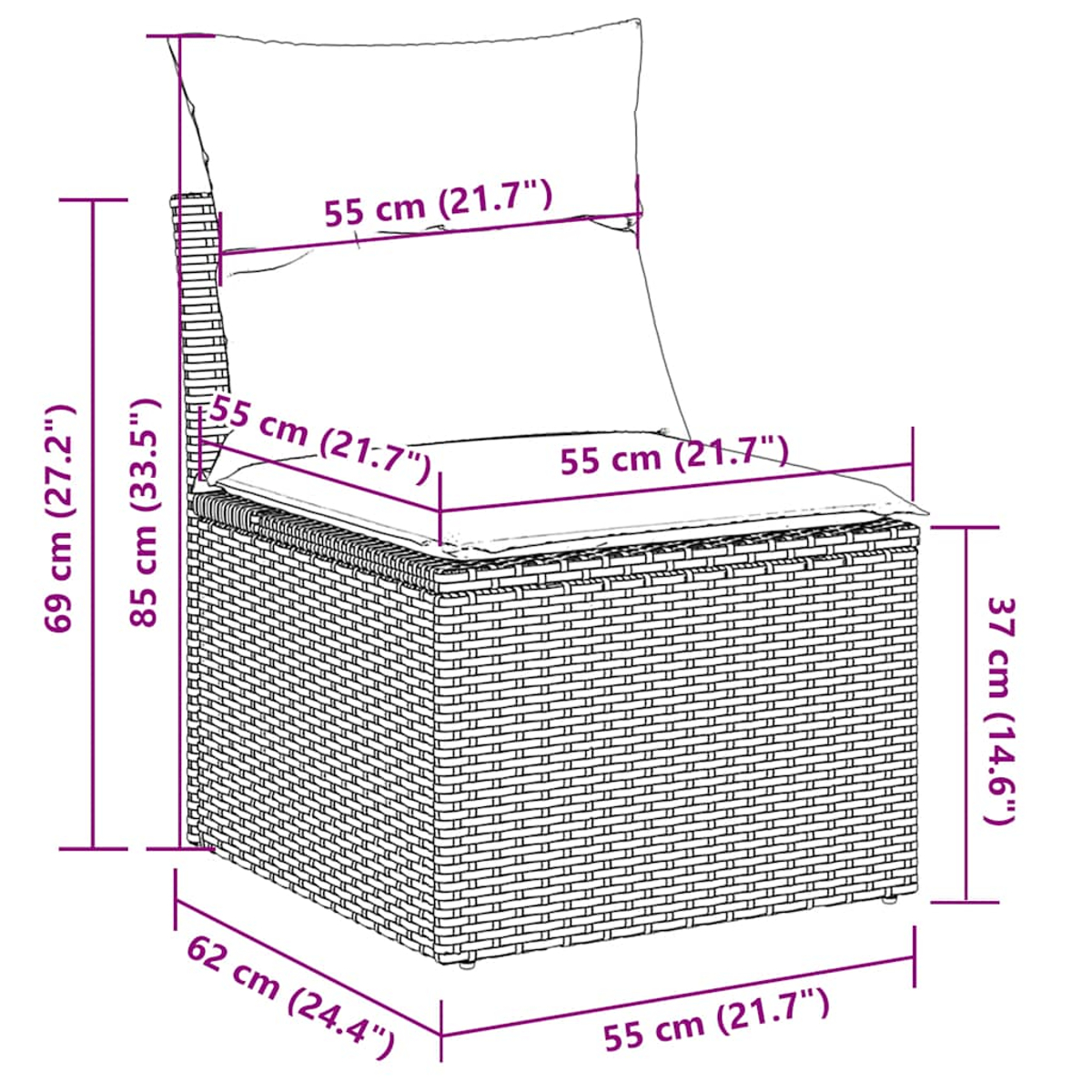 Una sedia in rattan con cuscino e schienale. Dimensioni in cm e pollici.