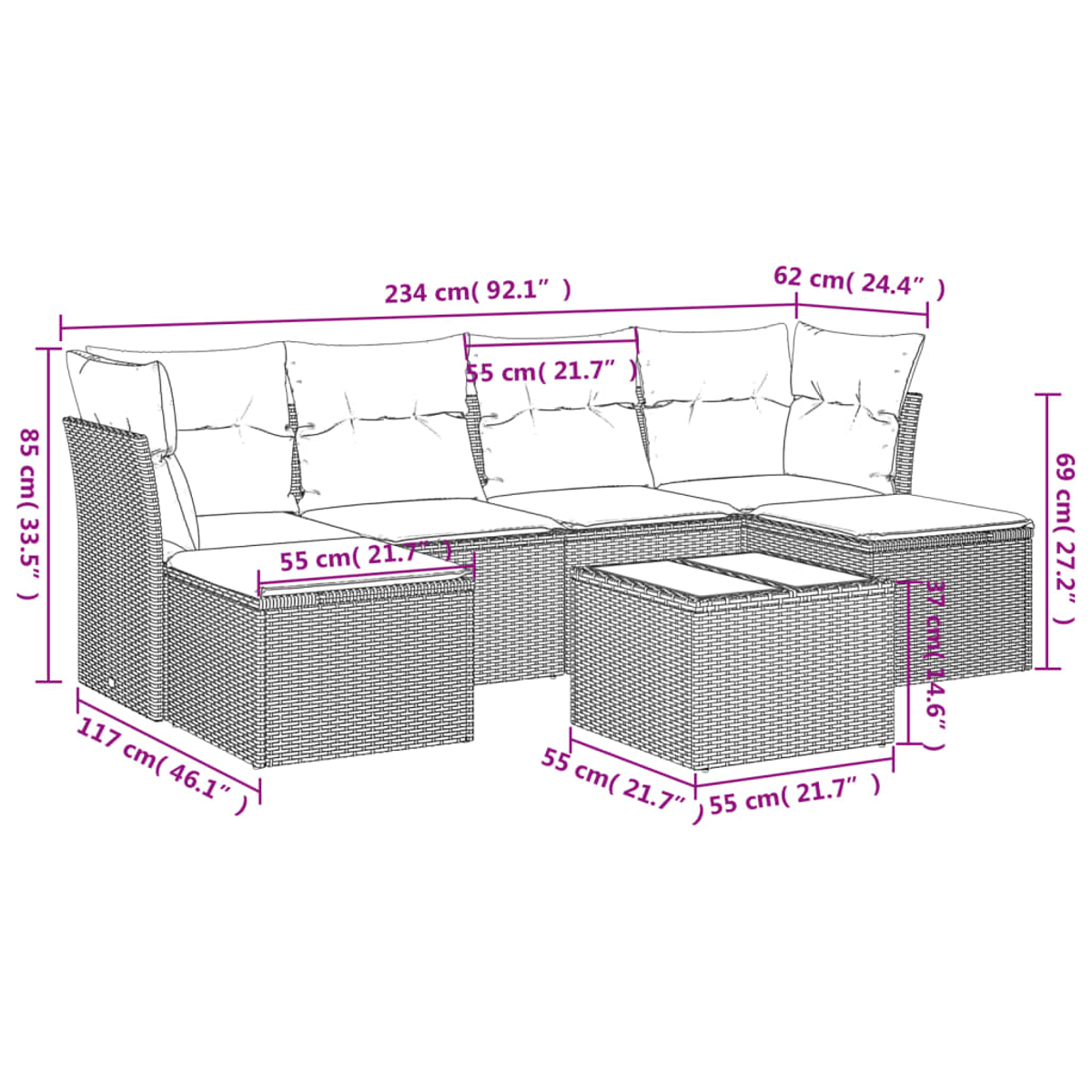 Set divano componibile con tavolino, dimensioni indicate.