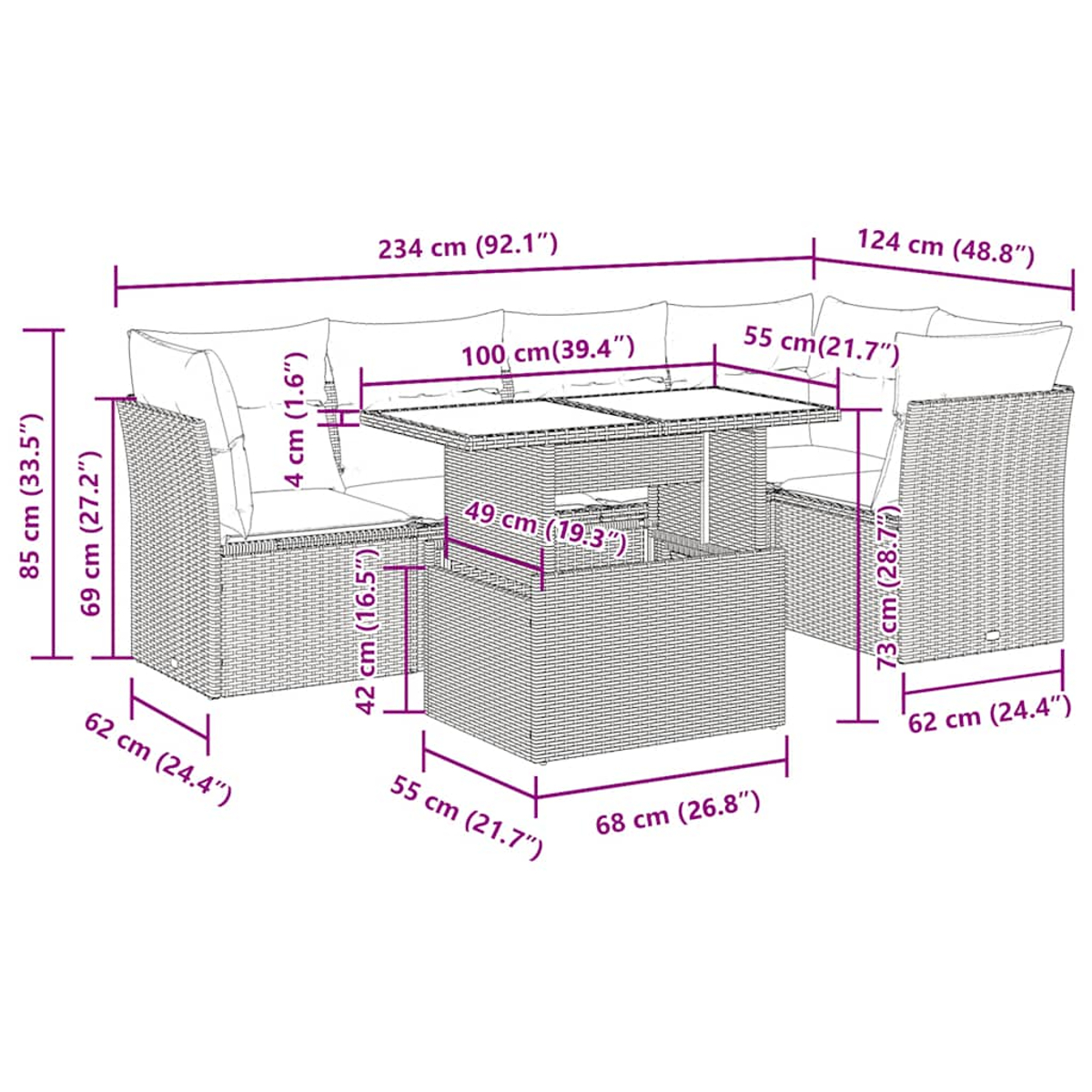 Diagramma di un set di sedute componibili da esterno con dimensioni in cm.