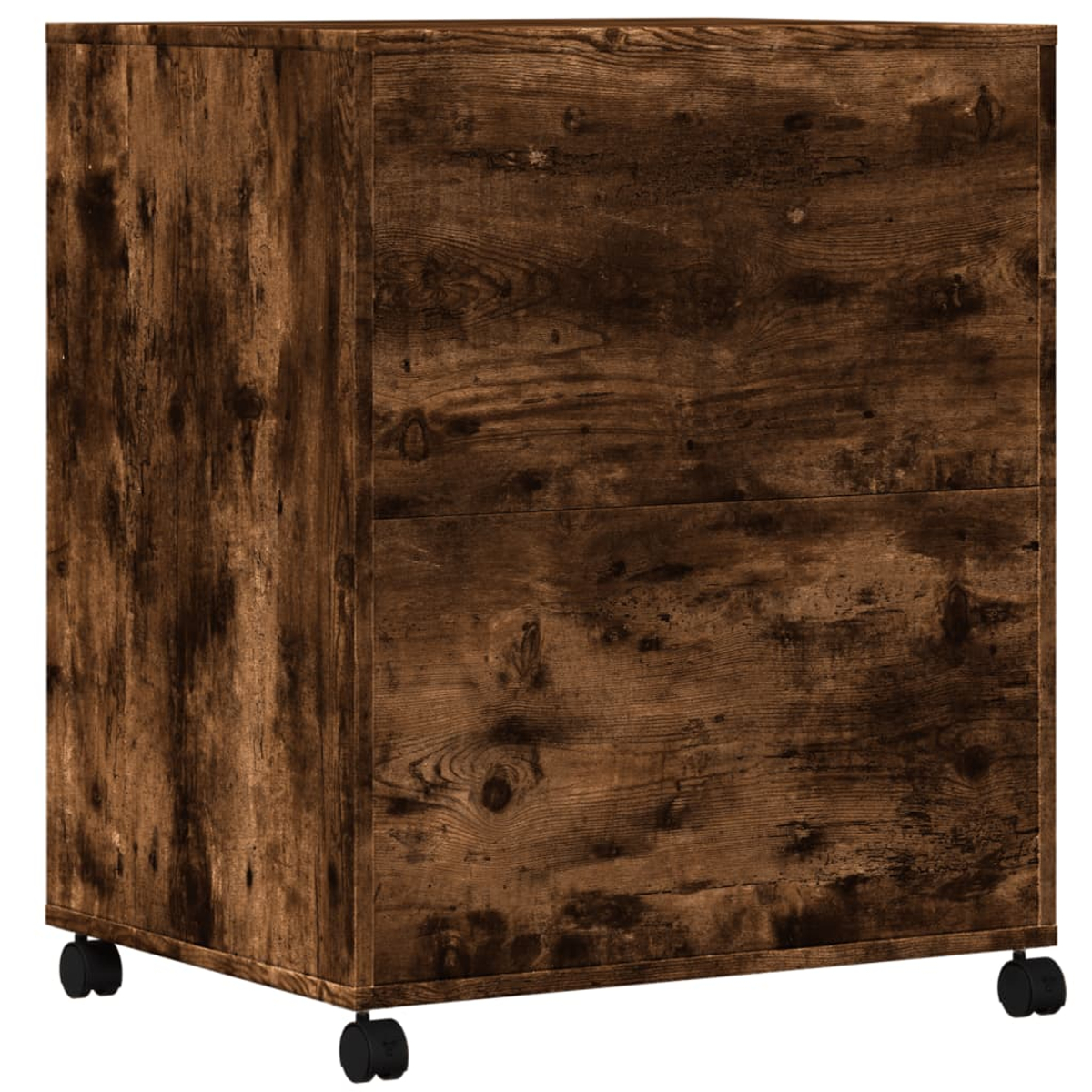 Ein brauner Holz-Aktenschrank mit Rollen auf weißem Hintergrund.