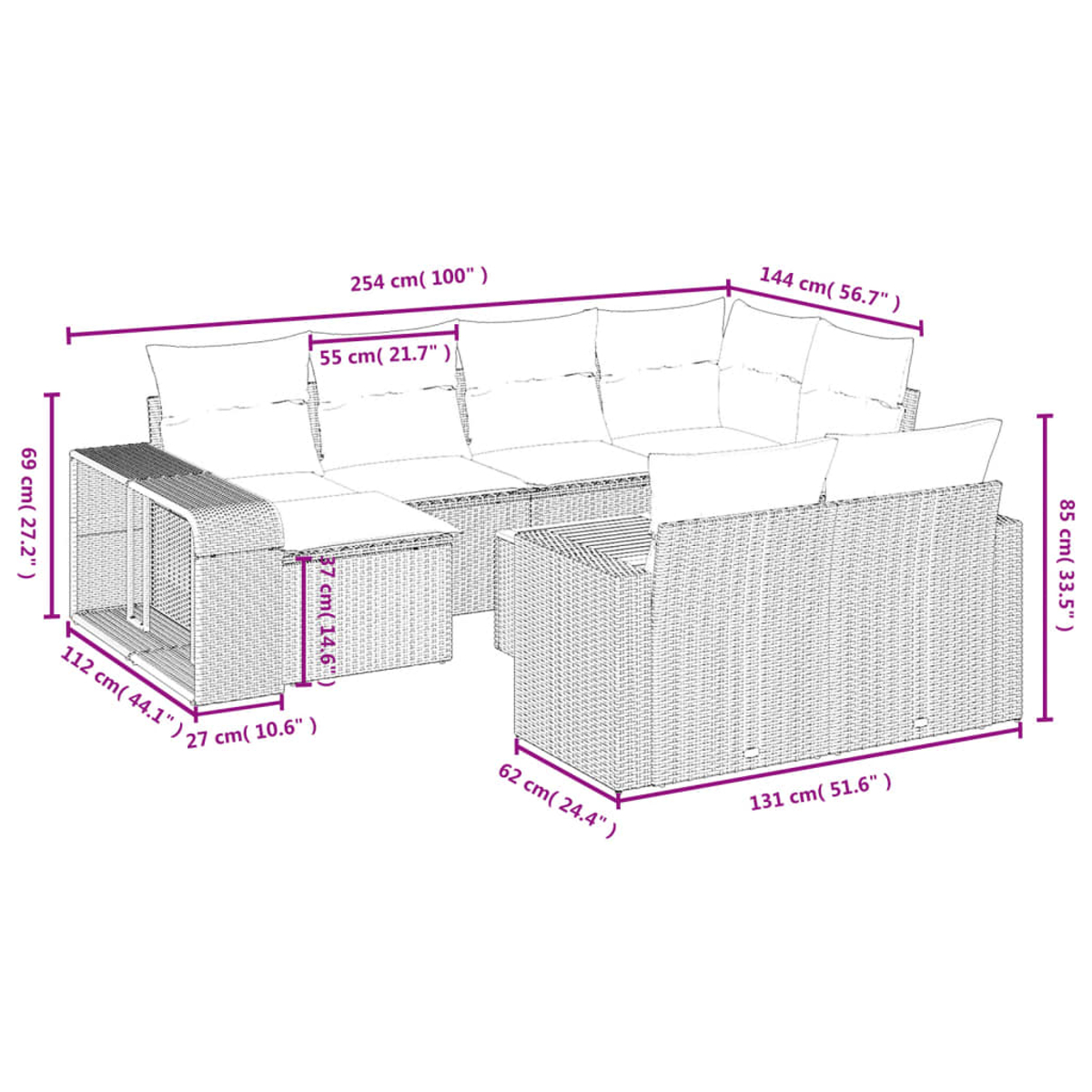 Geflochtenes Outdoor-Ecksofa mit Maßen, Kissen und Beistelltisch.