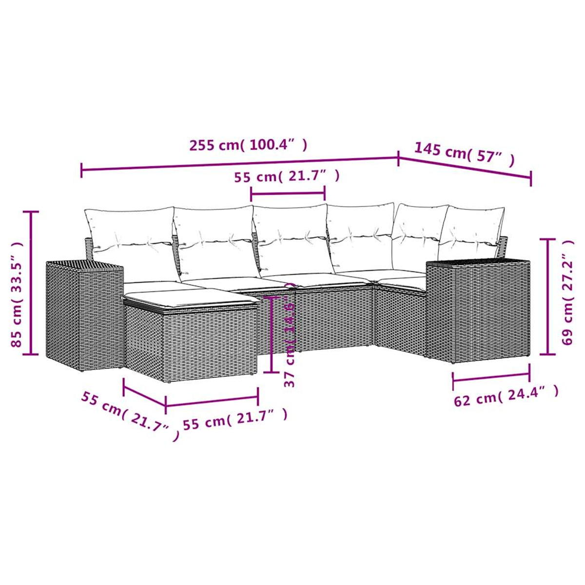 Outdoor-Ecksofa mit Abmessungen. Graues Korbgeflecht, weiße Kissen und Holzarmlehnen sind sichtbar.
