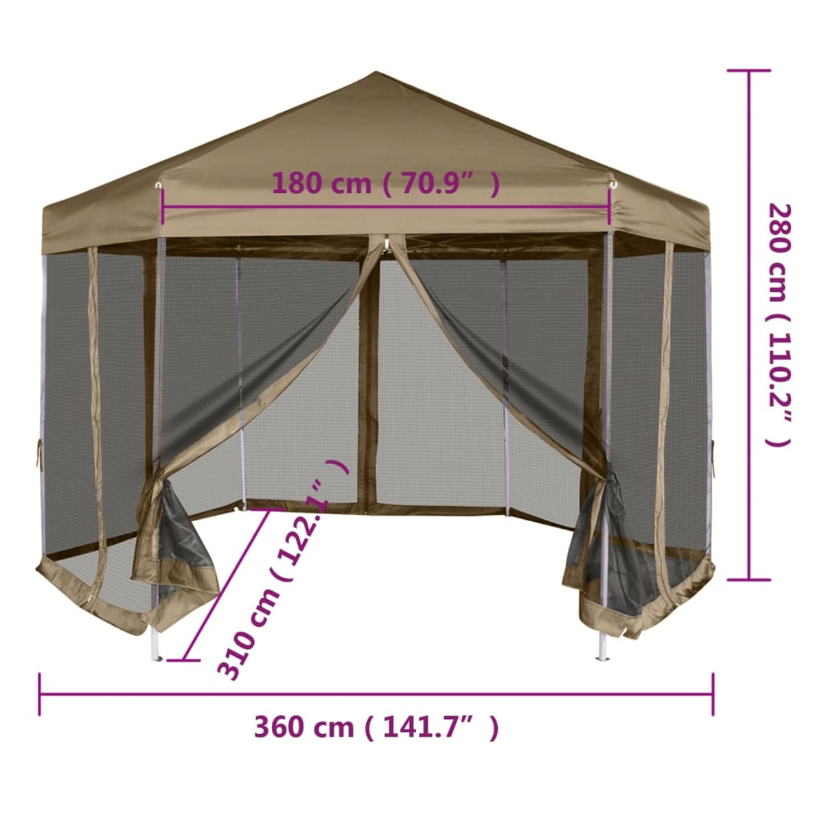 Sechseckiger Outdoor-Pavillon mit Abmessungen in cm und Zoll, vor weißem Hintergrund.
