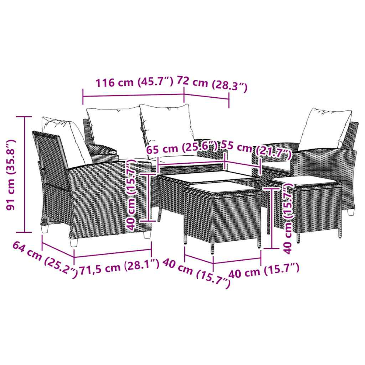 Mobili da patio in vimini, tra cui sedie, tavolo e pouf, con misure.