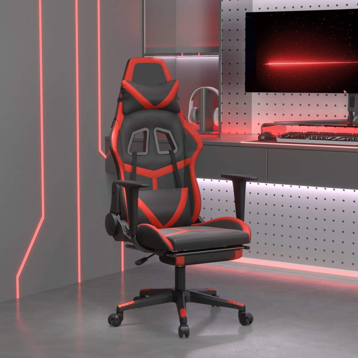 Gaming-Stuhl schwarz/rot. Inklusive Kopfstütze und Armlehnen. In einem modernen Raum mit roten Neonlichtern.