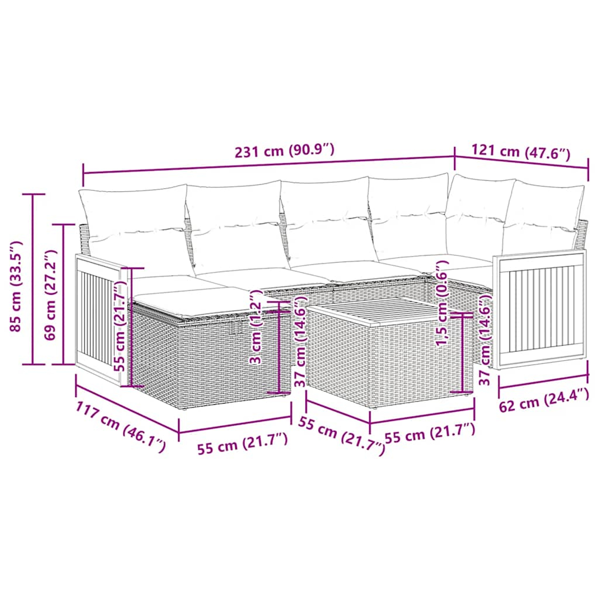 Abmessungen eines Outdoor-Rattansofa-Sets, in Zentimetern und Zoll, mit Größenangaben.