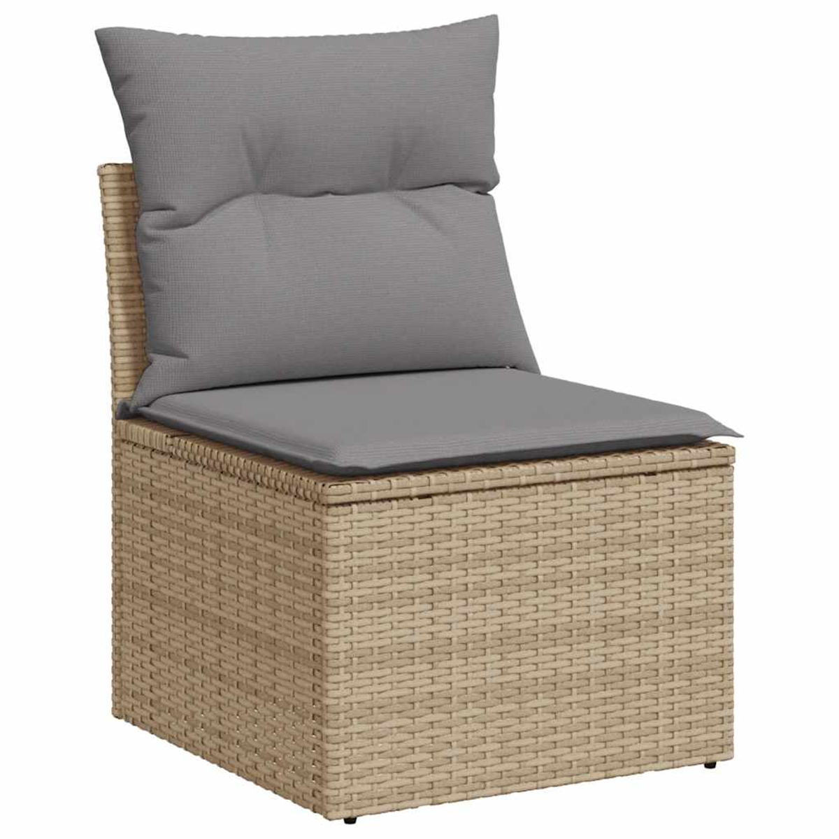 Una sedia in rattan intrecciato con cuscino grigio, su un contenitore abbinato. Illuminazione neutra.