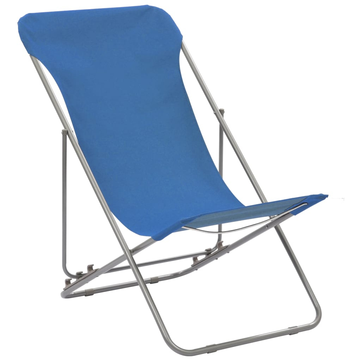 Blauer Klapp-Strandstuhl, aus Metall. Der Stuhl steht aufrecht und ist abgewinkelt.