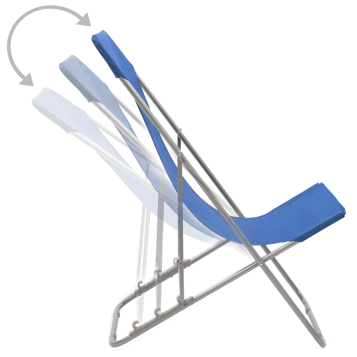 Blauer Klappstuhl in verschiedenen Liegepositionen, mit silbernem Rahmen. Weißer Hintergrund.
