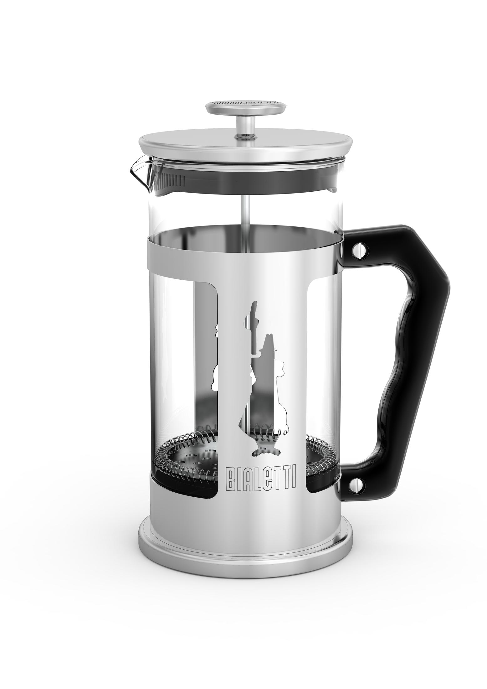 Französische Kaffeepresse aus Edelstahl mit Glaskaraffe.