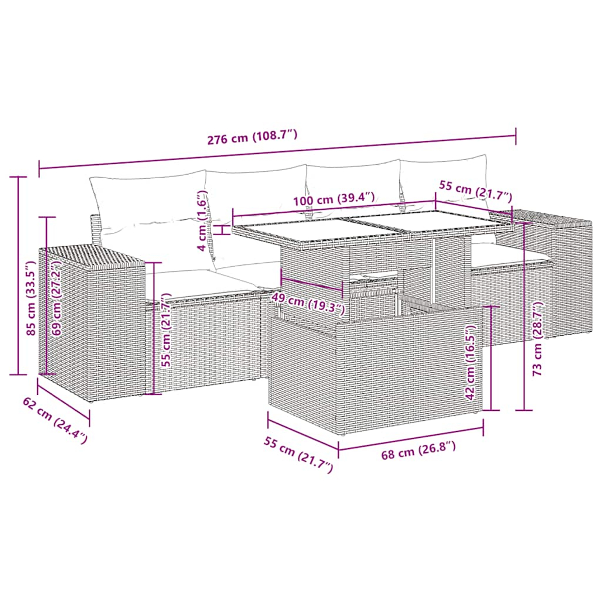 Set divani in vimini per esterni con dimensioni indicate nell'immagine.