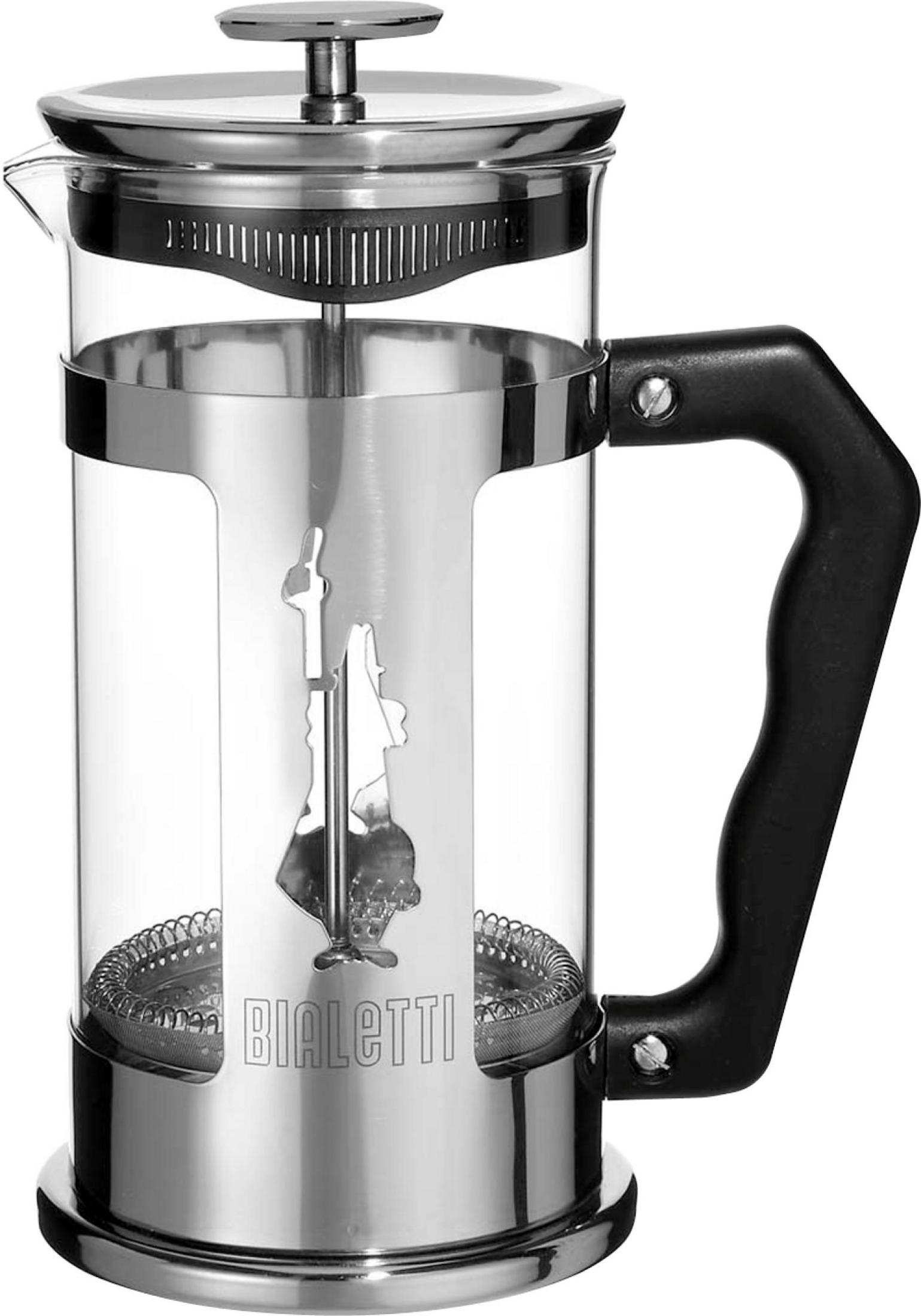 Eine Bialetti French Press Kaffeemaschine aus klarem Glas und Edelstahl.