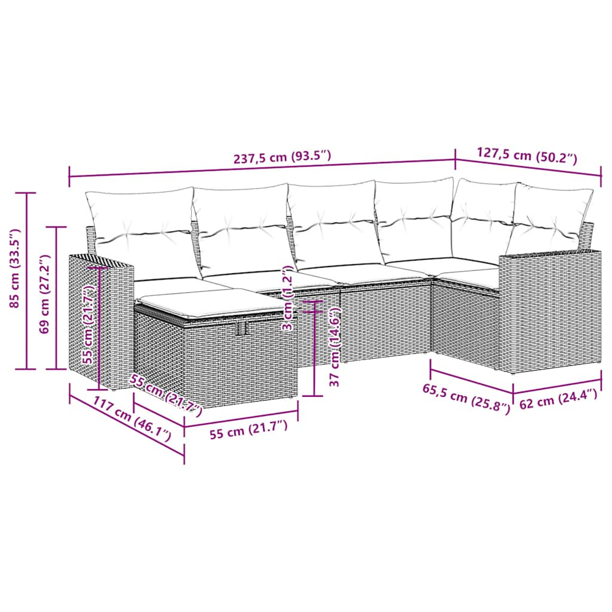 L-förmiges graues Rattan-Sofa mit Maßen.