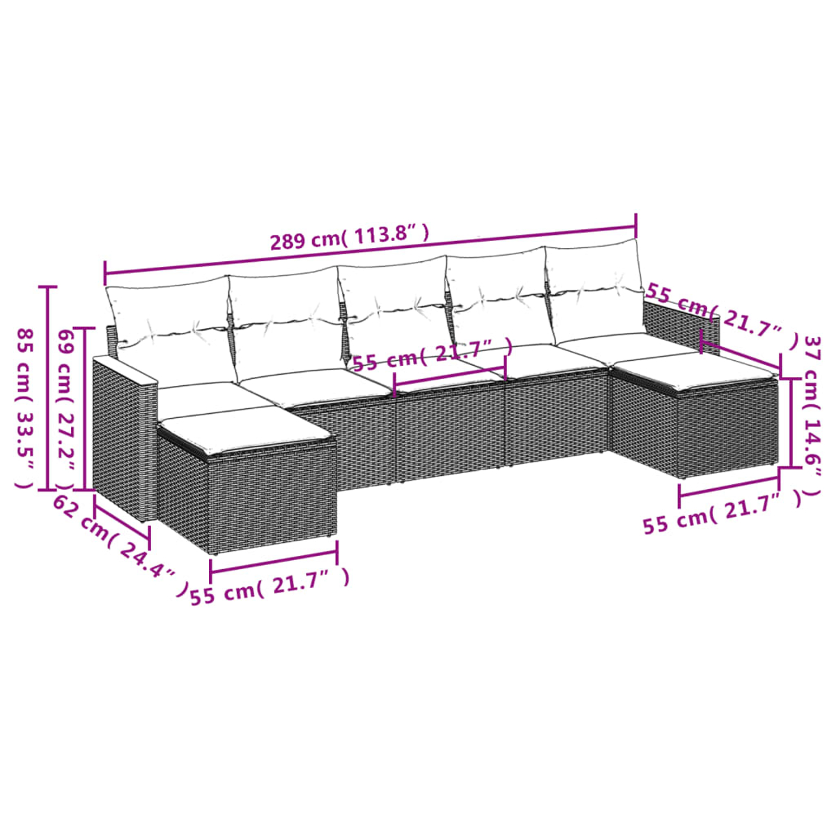 Graues L-förmiges Sofa mit Maßen.