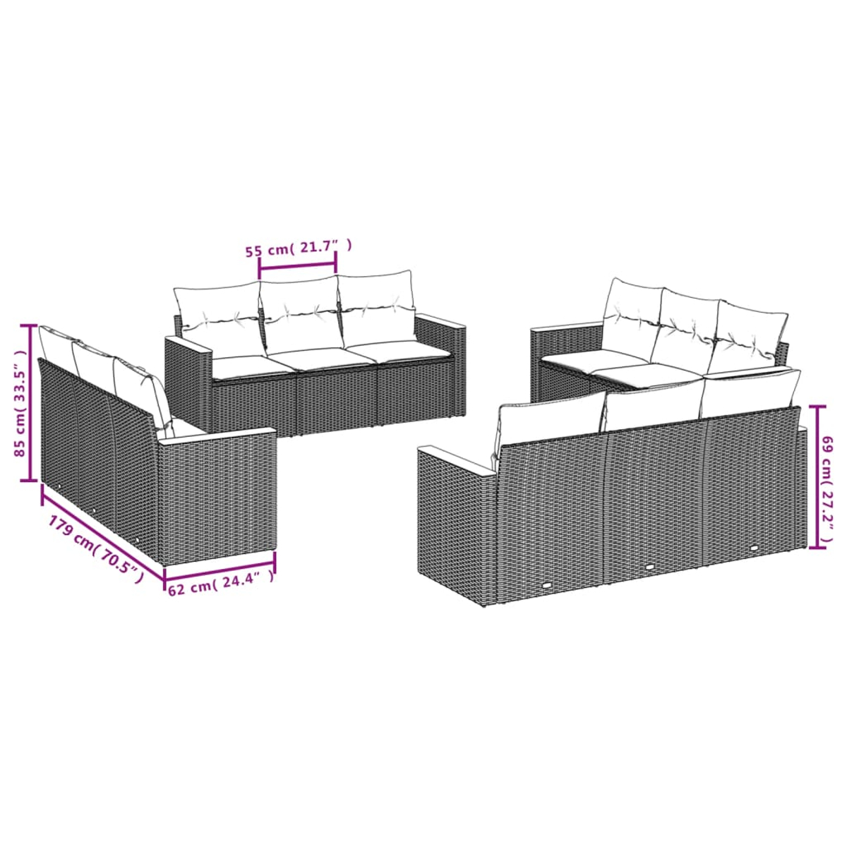 Outdoor-Rattan-Möbelset mit Maßen. Beinhaltet Sofas und Tische mit Kissen.