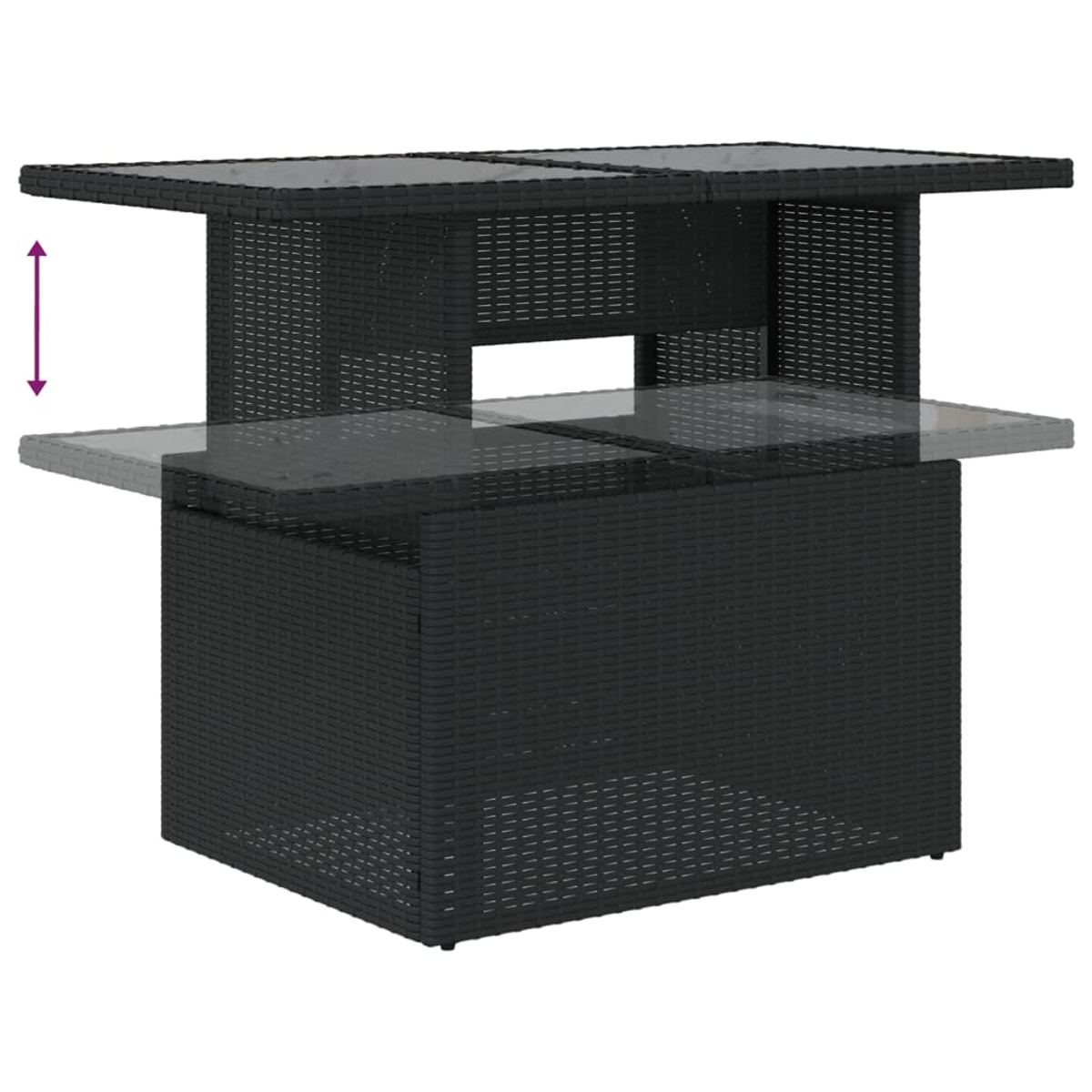Schwarzer Korbtisch mit klarer Glasplatte. Die Tischplatte kann angehoben werden.