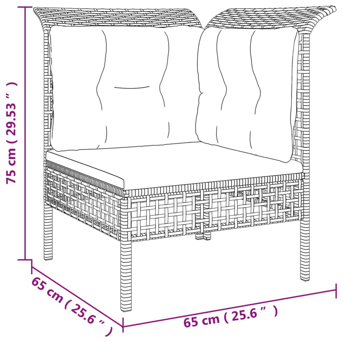 Rattan-Eckstuhl mit Maßen und Kissen auf weißem Hintergrund.