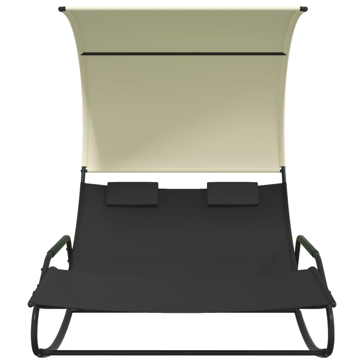 Eine doppelte Sonnenliege für den Außenbereich mit Baldachin, schwarzem Gestell und zwei Kopfstützen. Beige Baldachin.