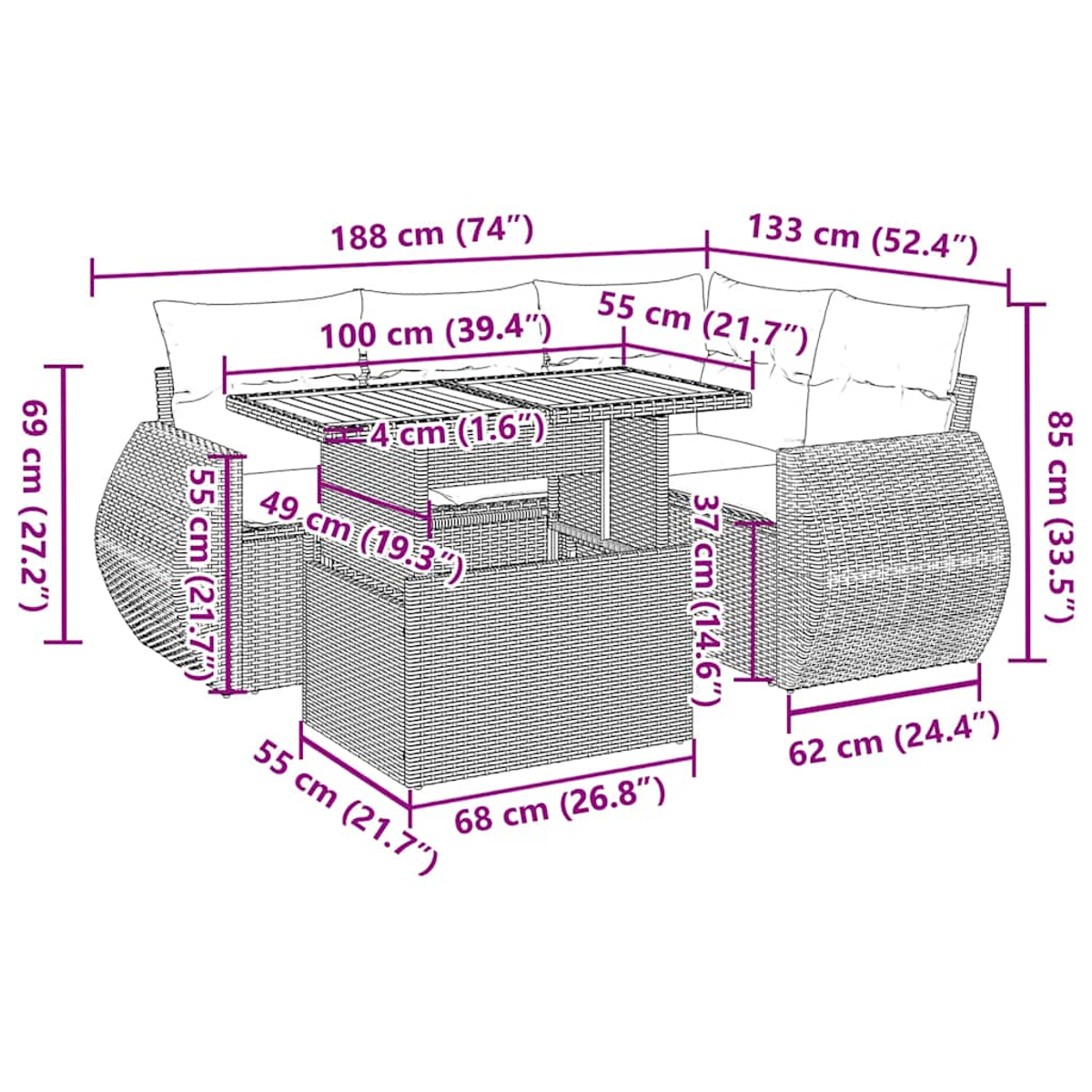 Diagramma di un divano curvo per esterni con dimensioni. Presenta un tavolo e due sezioni laterali. Materiale in rattan.