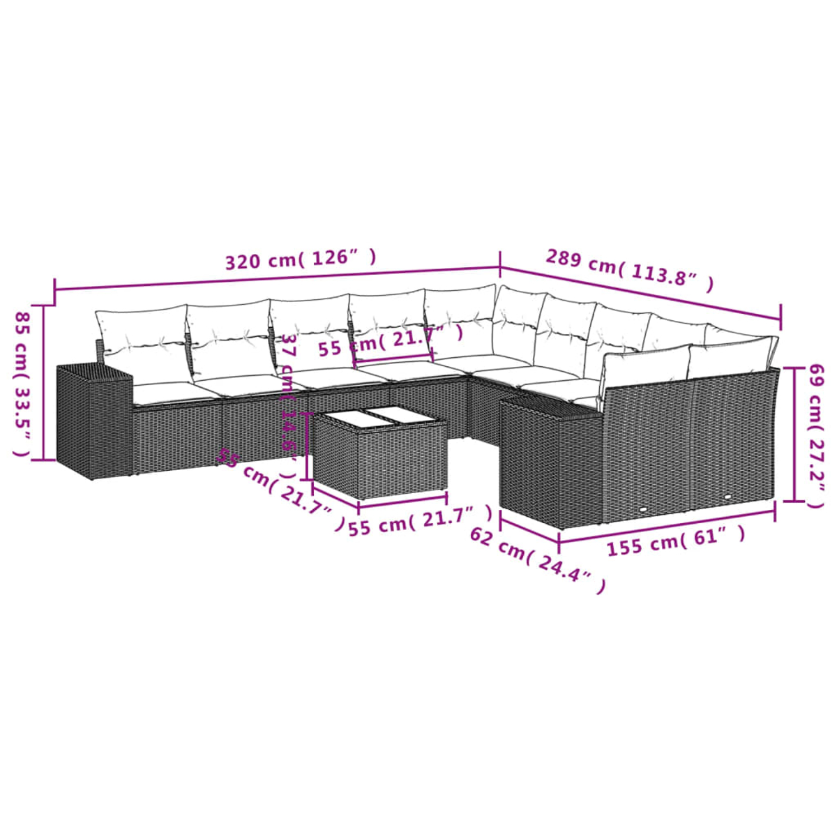 Terrassenmöbel-Set mit beschrifteten Abmessungen, mit Ecksofa und Couchtisch.