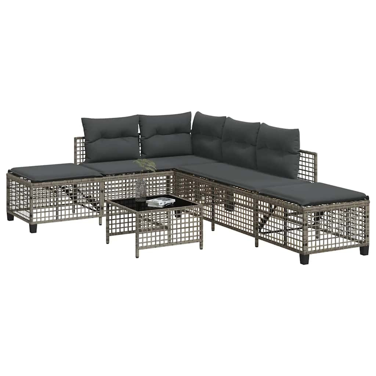 Set di sedute per esterni a forma di L con cuscini e un tavolino su sfondo bianco.