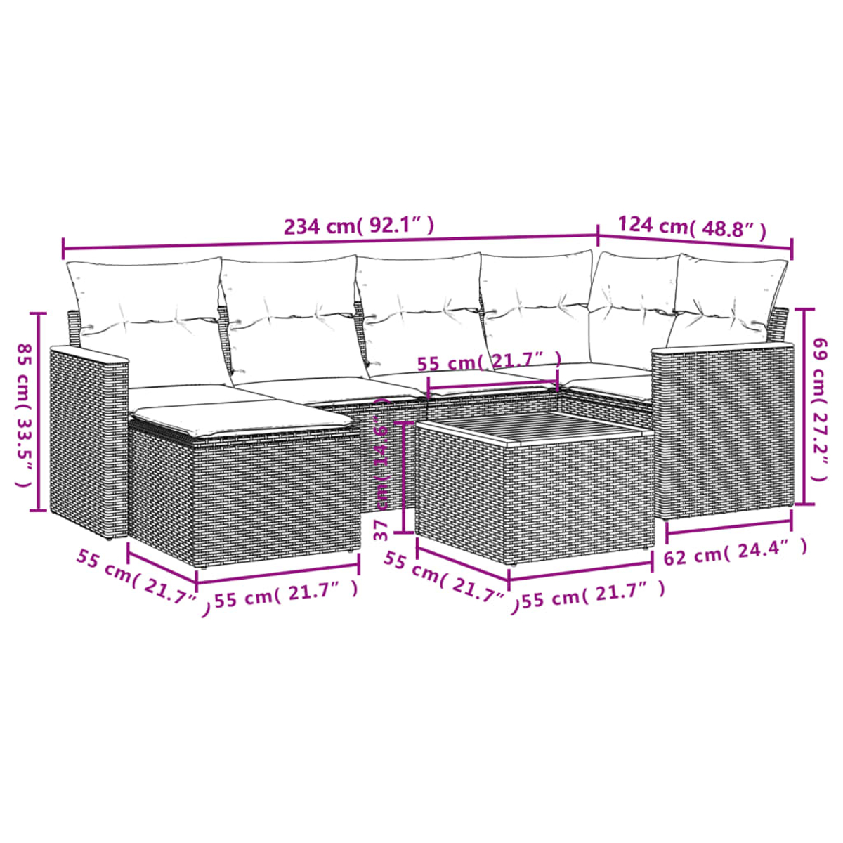 Diagramm eines Geflecht-Terrassen-Ecksofas mit Abmessungen in Zentimetern und Zoll.