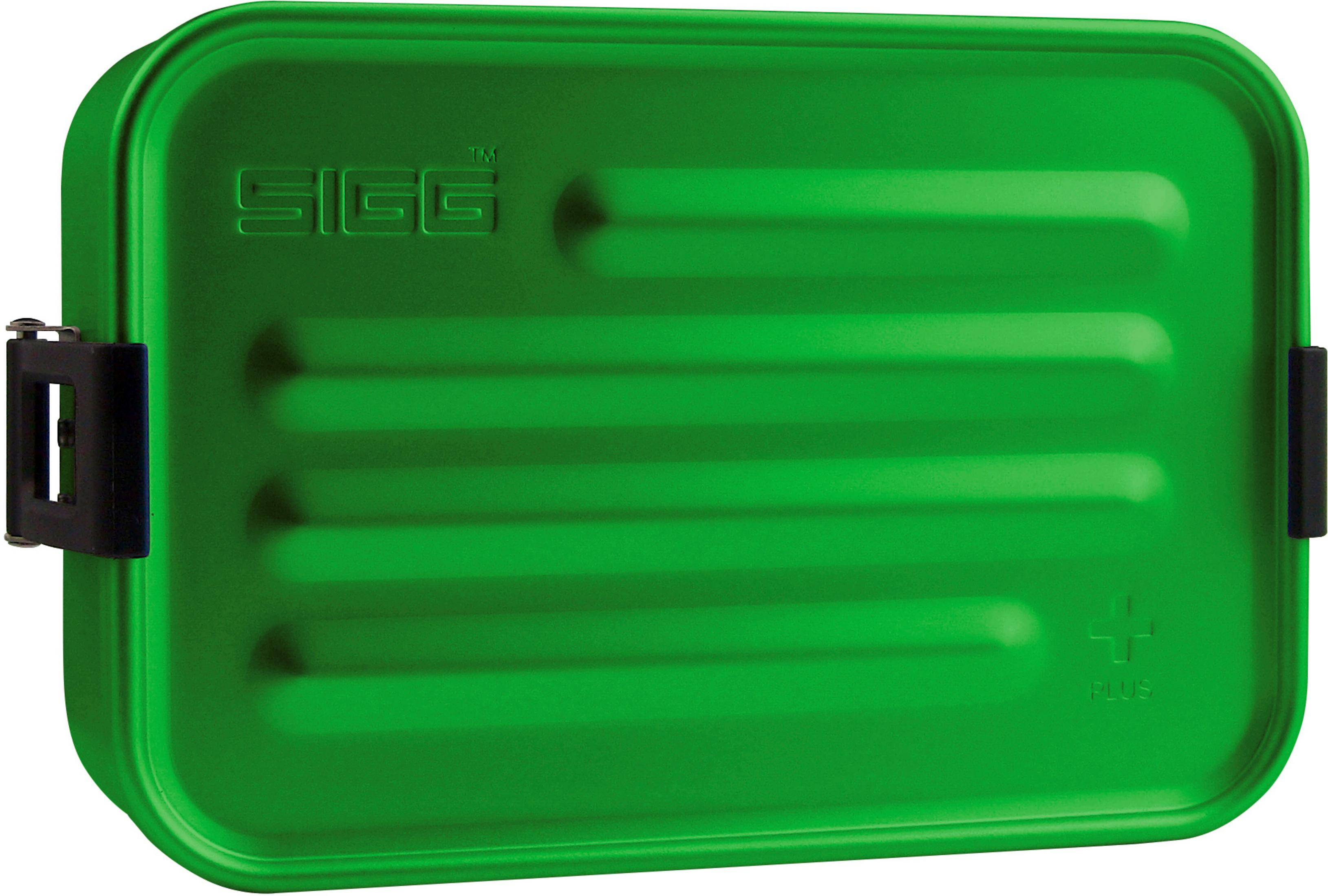 Eine grüne, rechteckige Brotdose mit schwarzen Verschlüssen und dem SIGG-Logo.