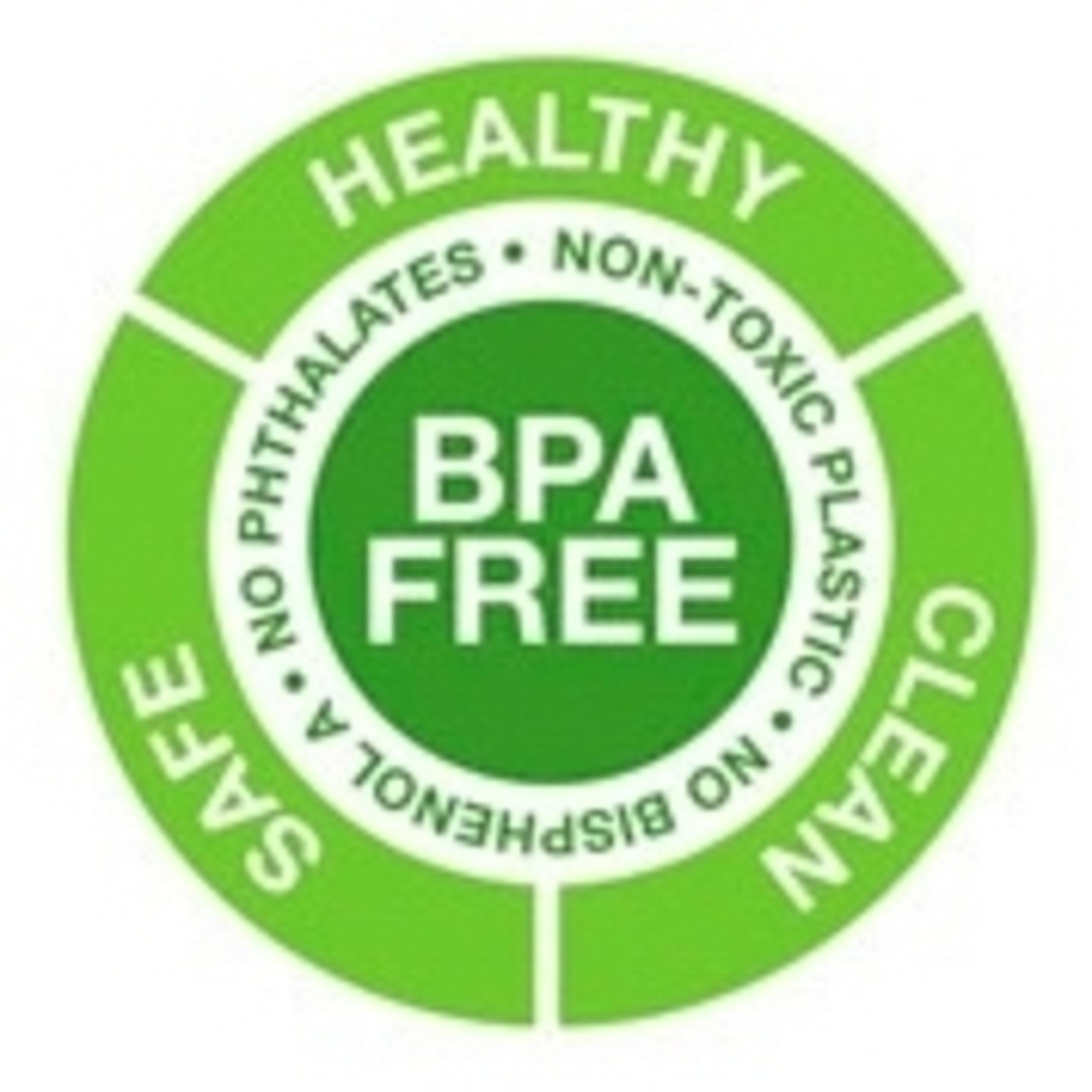 Grüner Kreis mit den Aufschriften BPA FREE, HEALTHY und CLEAN, was auf ungiftigen und sicheren Kunststoff hinweist.