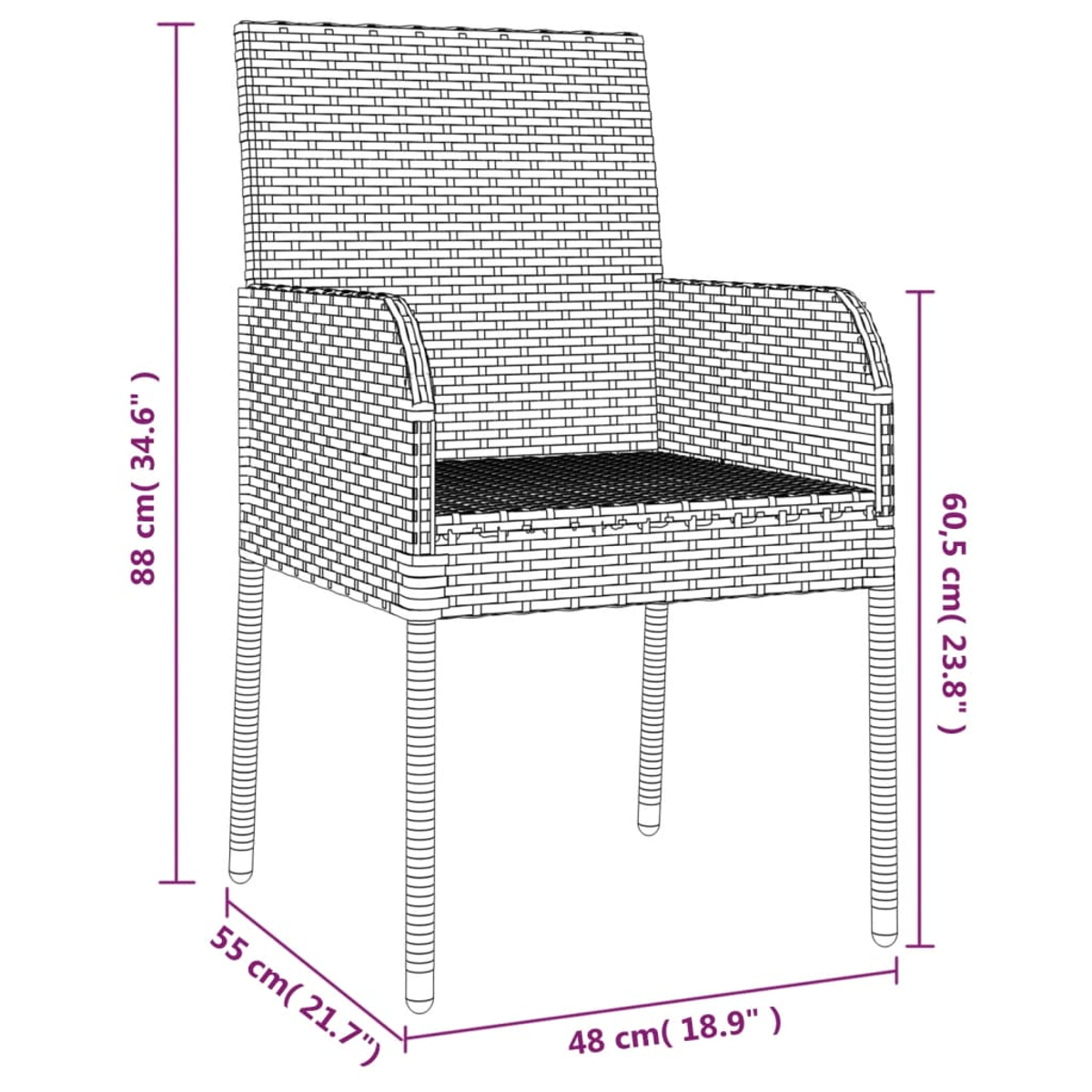 Ein Rattan-Sessel mit Abmessungen in Zentimetern. Weißer Hintergrund. Fokus auf den Stuhl und sein Design.
