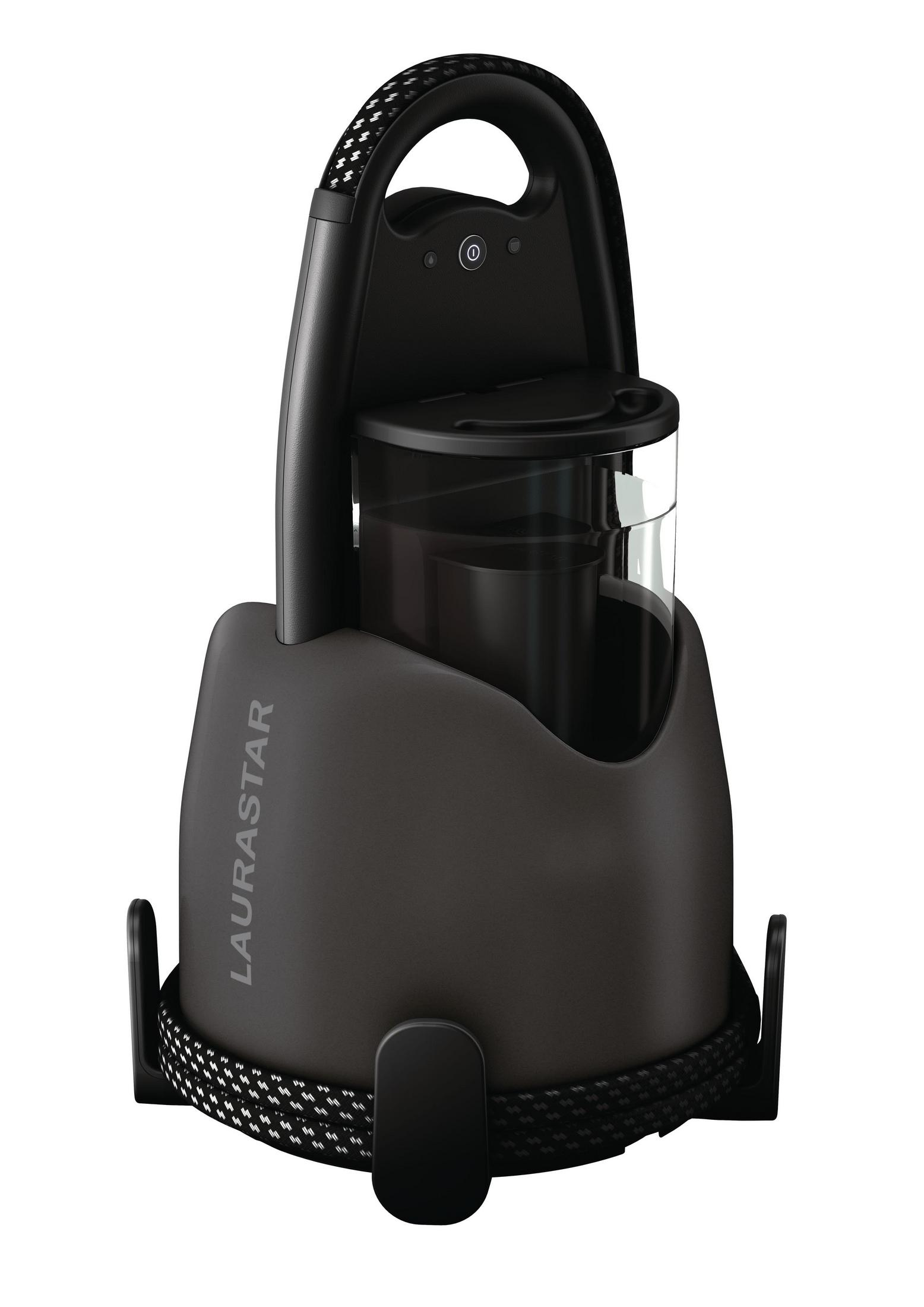 Black and silver Laurastar steam generator iron, standing upright.