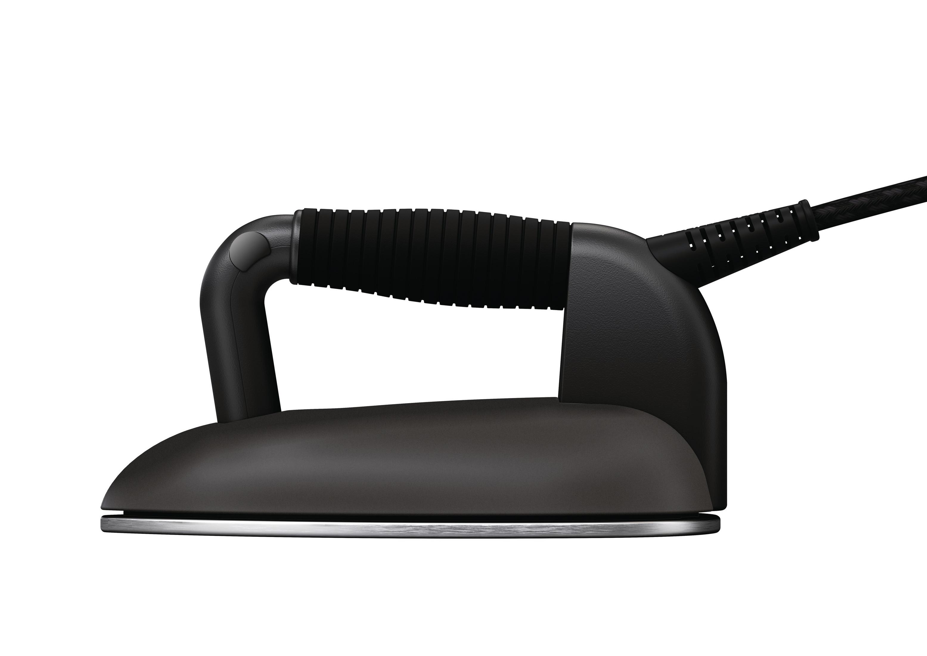 Side view of a black iron with a silver soleplate. White background. The handle is black and curved.