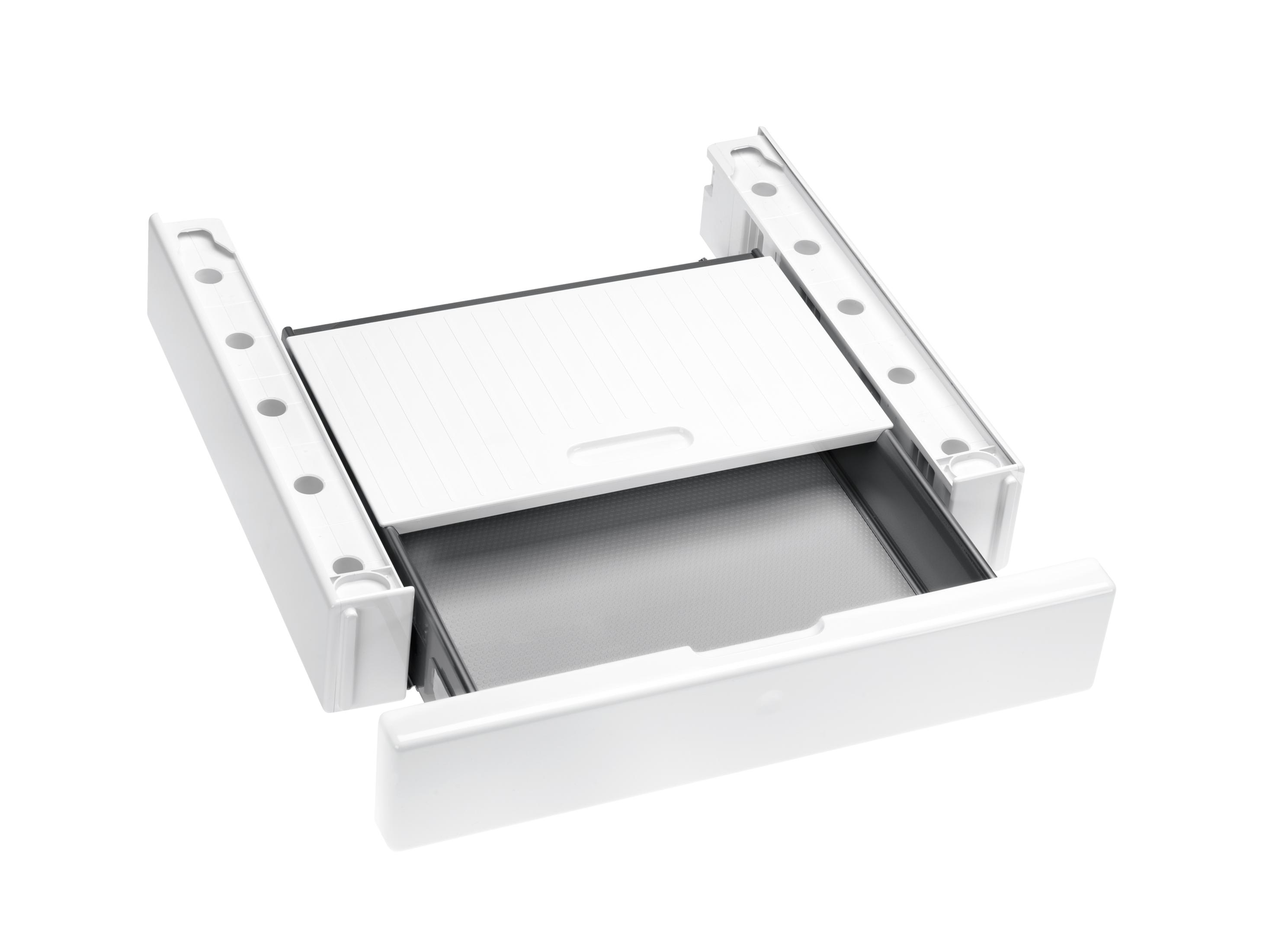 Un tiroir de machine à laver blanc avec un bac blanc. Fond blanc. Le tiroir est ouvert.