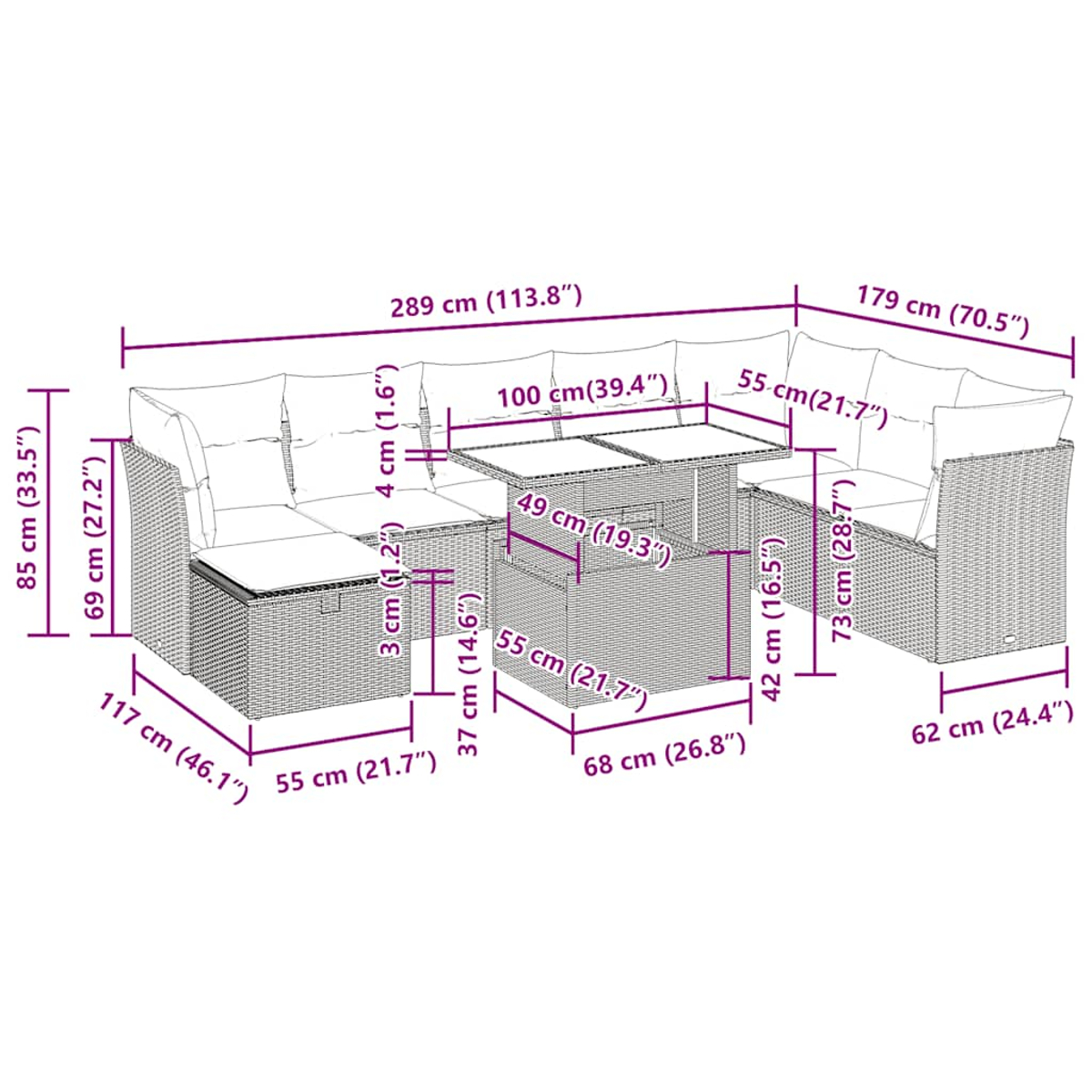Rattan-Outdoor-Sofa- und Tisch-Set. Abmessungen in Zentimetern sind sichtbar. Weißer Hintergrund. Detaillierte Ansicht.